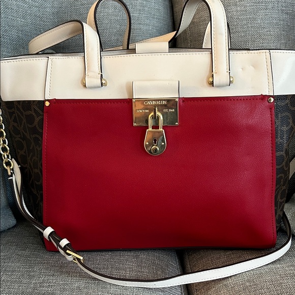 Calvin Klein Red and Cream Tote with Gold Hardware - Picture 1 of 3